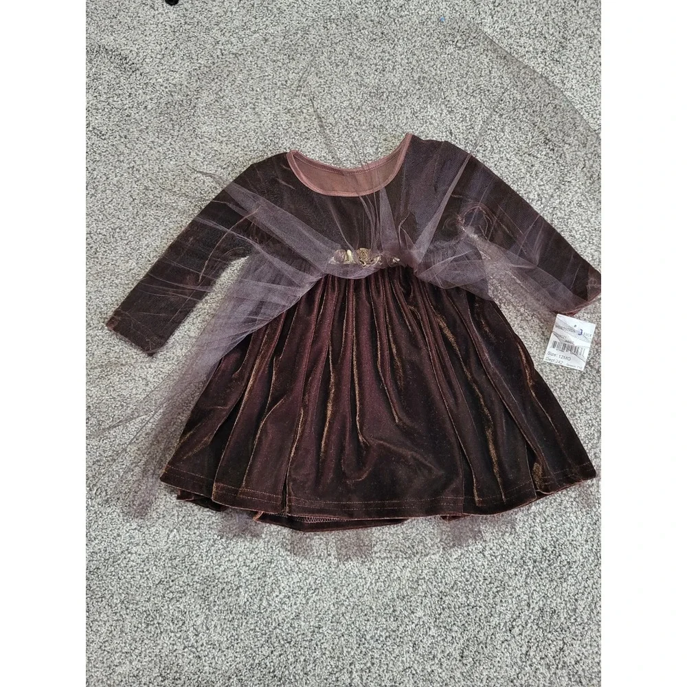 VTG Y2K Girls Velvet Tulle Party Dress 12M Brown Rosette USA Long Sleeve NWT